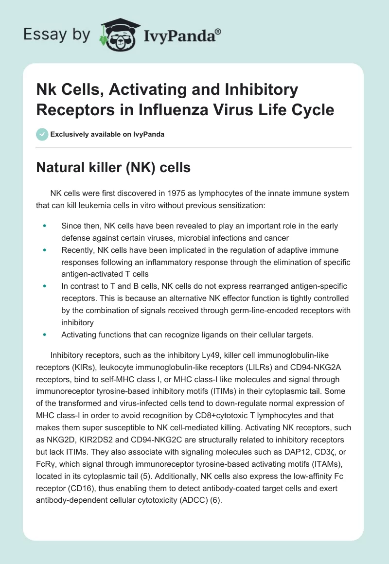 Nk Cells, Activating and Inhibitory Receptors in Influenza Virus Life Cycle. Page 1