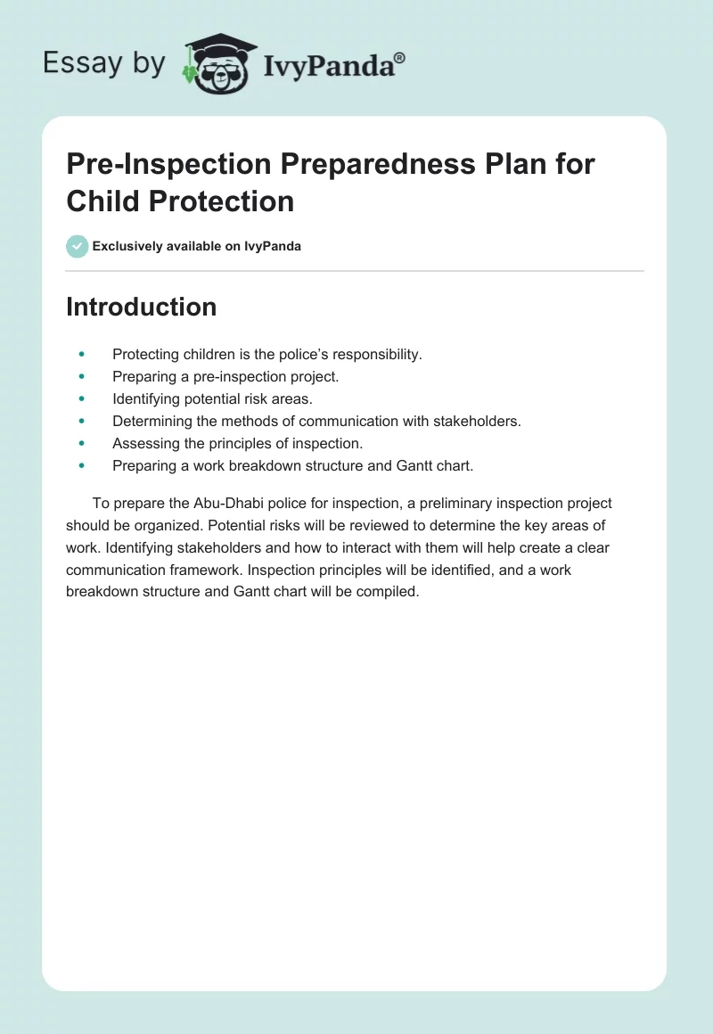 Pre-Inspection Preparedness Plan for Child Protection. Page 1