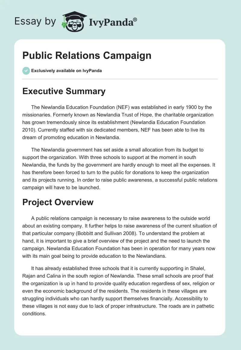 Public Relations Campaign. Page 1