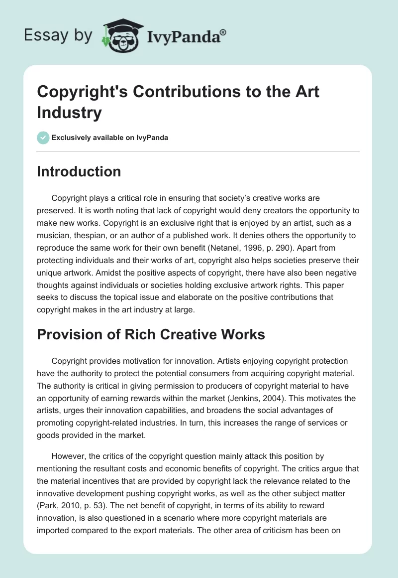 Copyright's Contributions to the Art Industry. Page 1