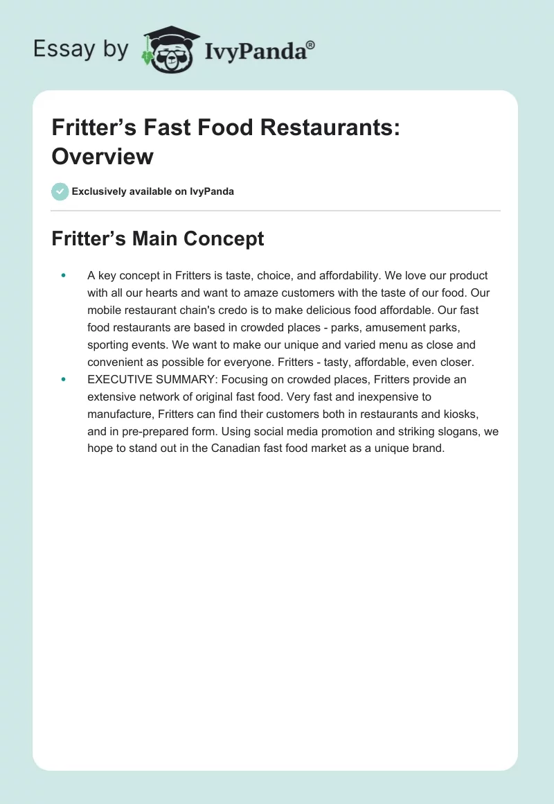 Fritter’s Fast Food Restaurants: Overview. Page 1