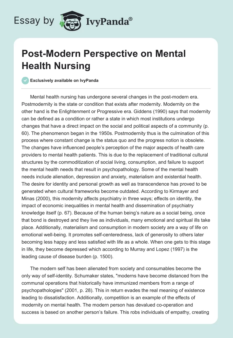 Post-Modern Perspective on Mental Health Nursing. Page 1