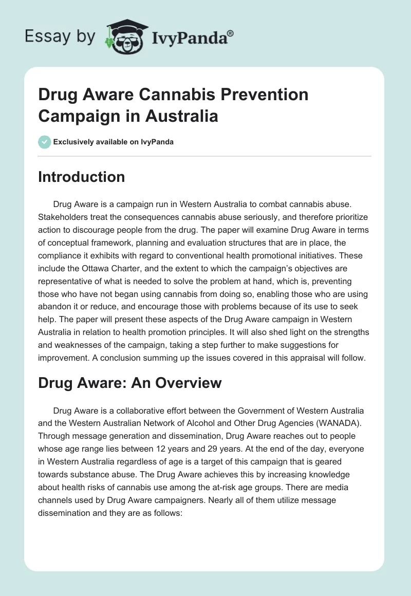 Drug Aware Cannabis Prevention Campaign in Australia. Page 1