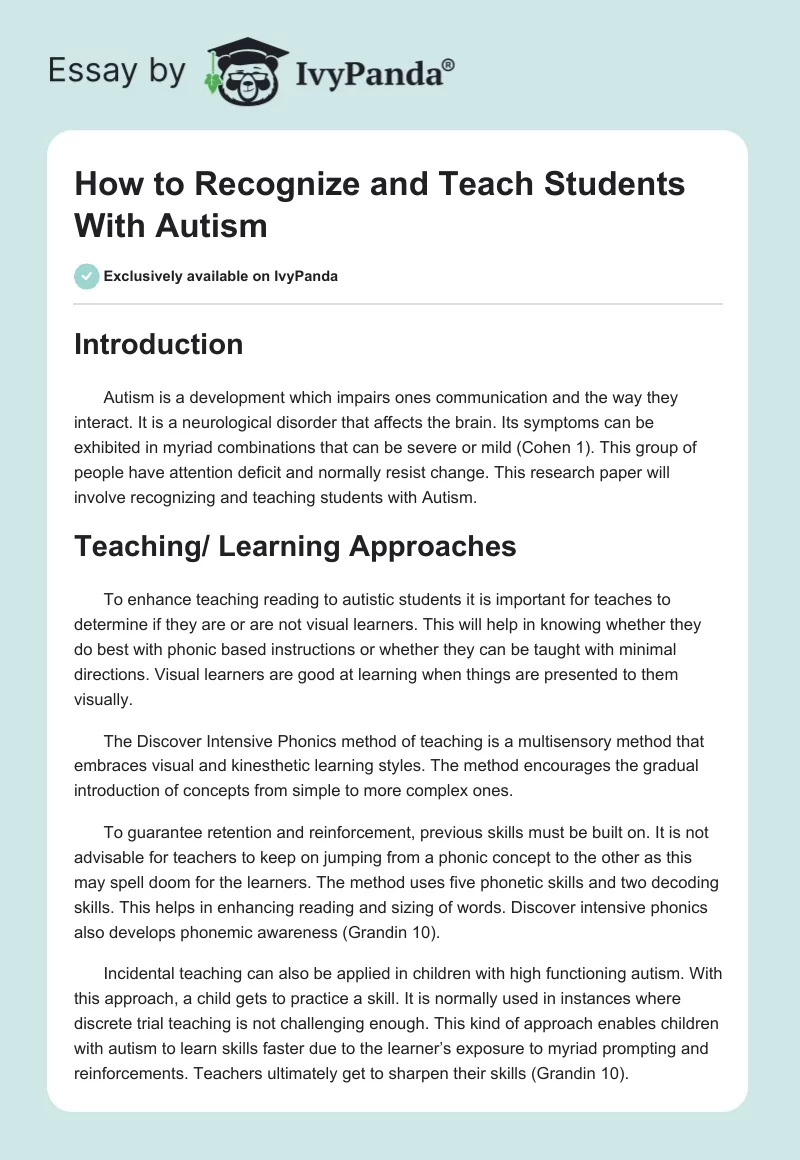 How to Recognize and Teach Students With Autism. Page 1