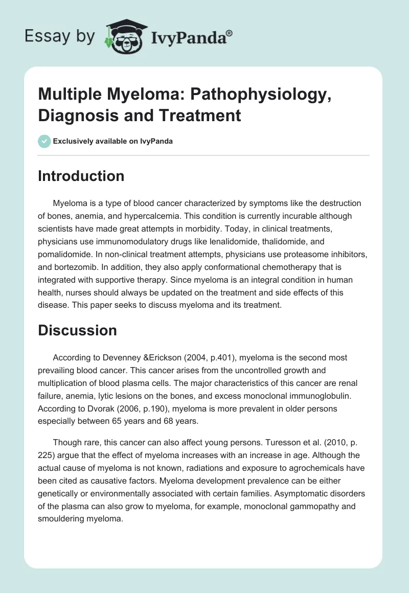 Multiple Myeloma: Pathophysiology, Diagnosis and Treatment. Page 1