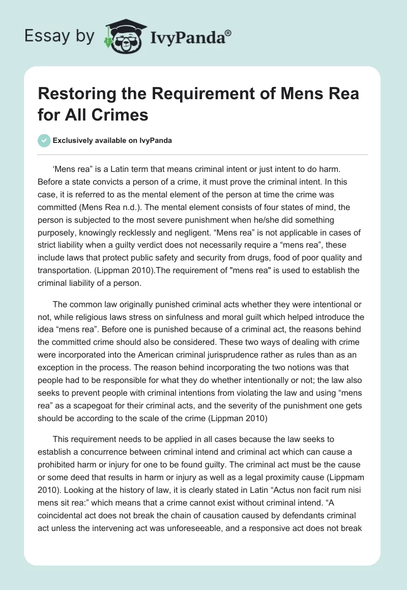 Restoring the Requirement of Mens Rea for All Crimes. Page 1