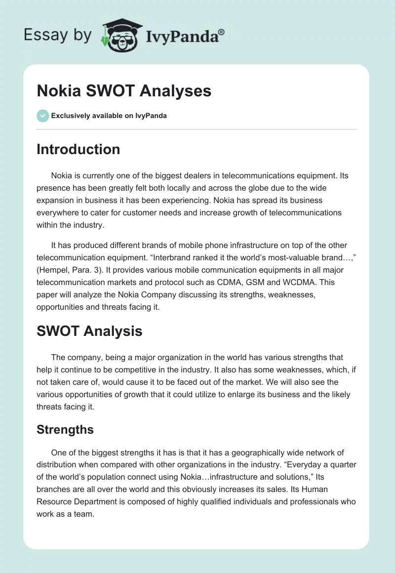 Nokia SWOT Analyses. Page 1