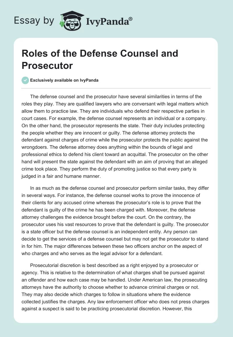 Roles of the Defense Counsel and Prosecutor. Page 1