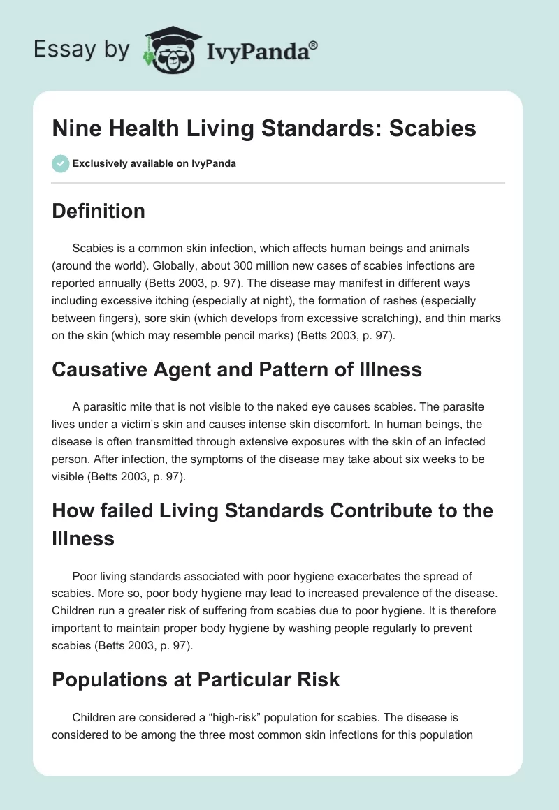 Nine Health Living Standards: Scabies. Page 1