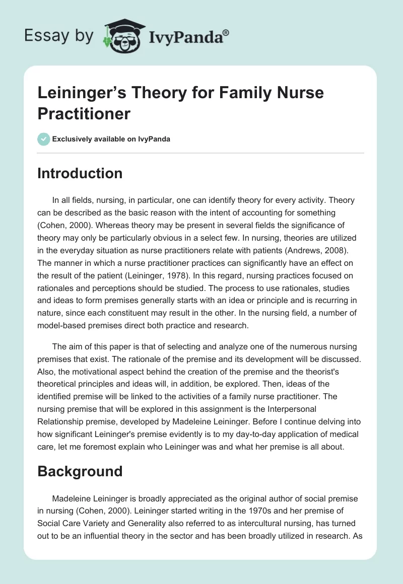 Leininger’s Theory for Family Nurse Practitioner. Page 1