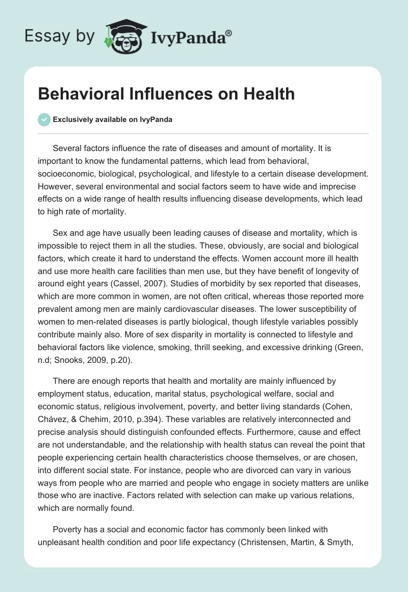 Behavioral Influences on Health. Page 1