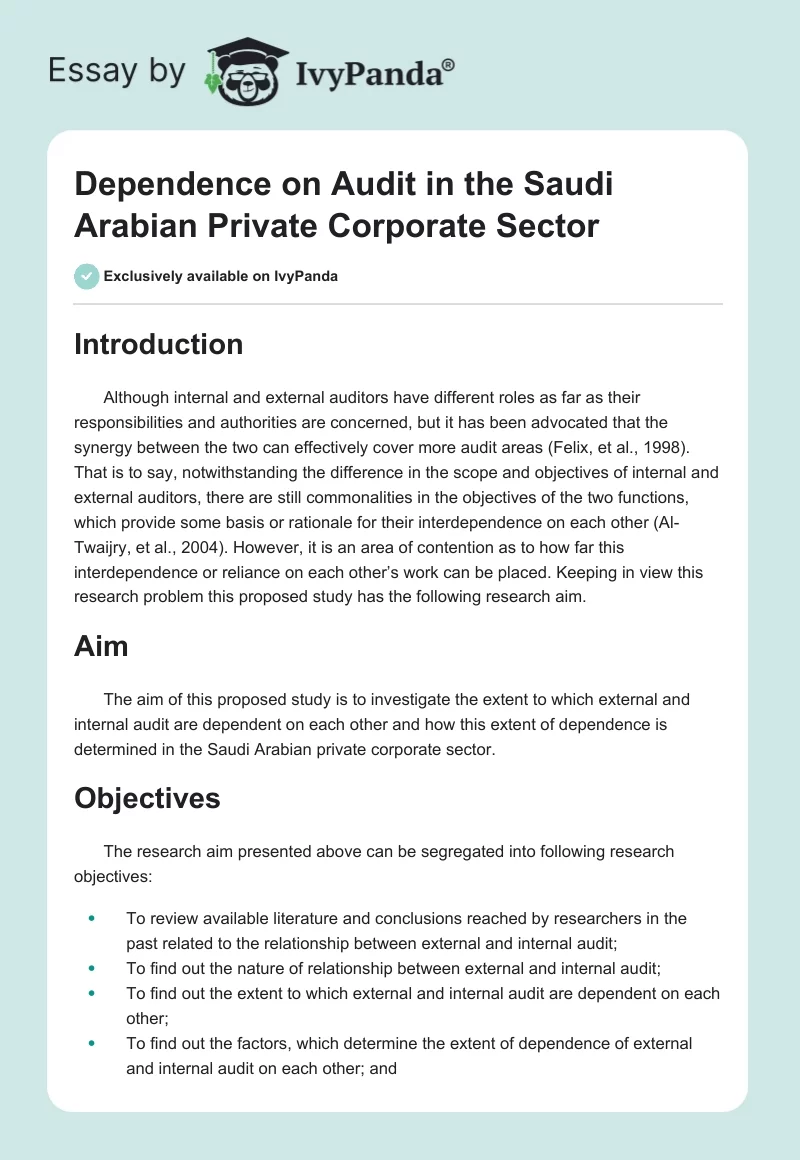 Dependence on Audit in the Saudi Arabian Private Corporate Sector. Page 1