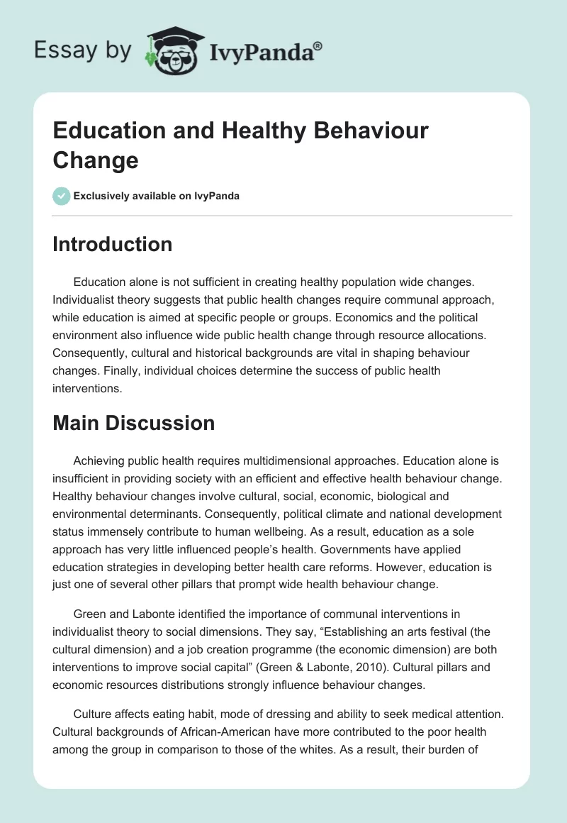 Education and Healthy Behaviour Change. Page 1