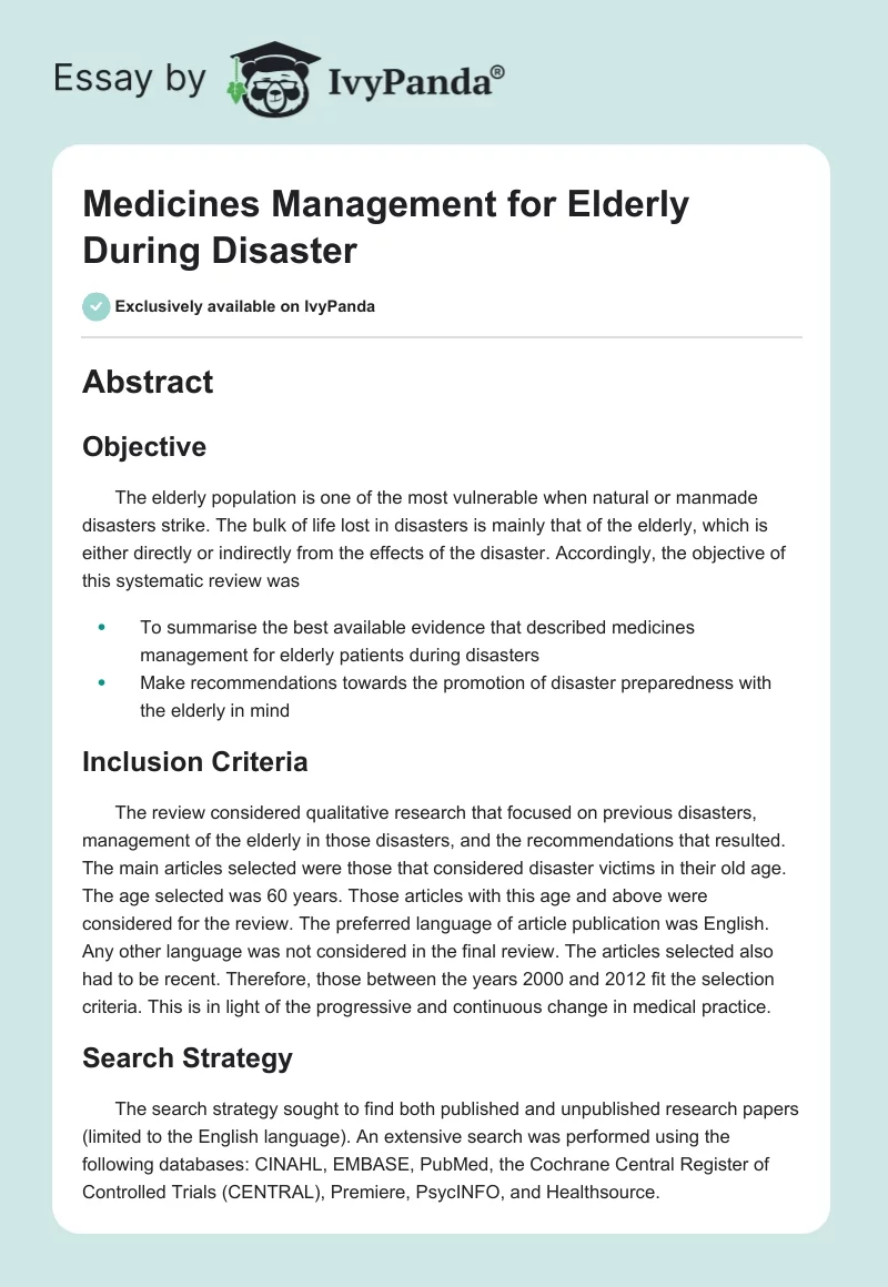 Medicines Management for Elderly During Disaster. Page 1