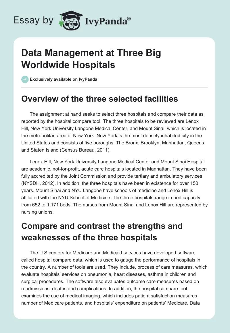 Data Management at Three Big Worldwide Hospitals. Page 1