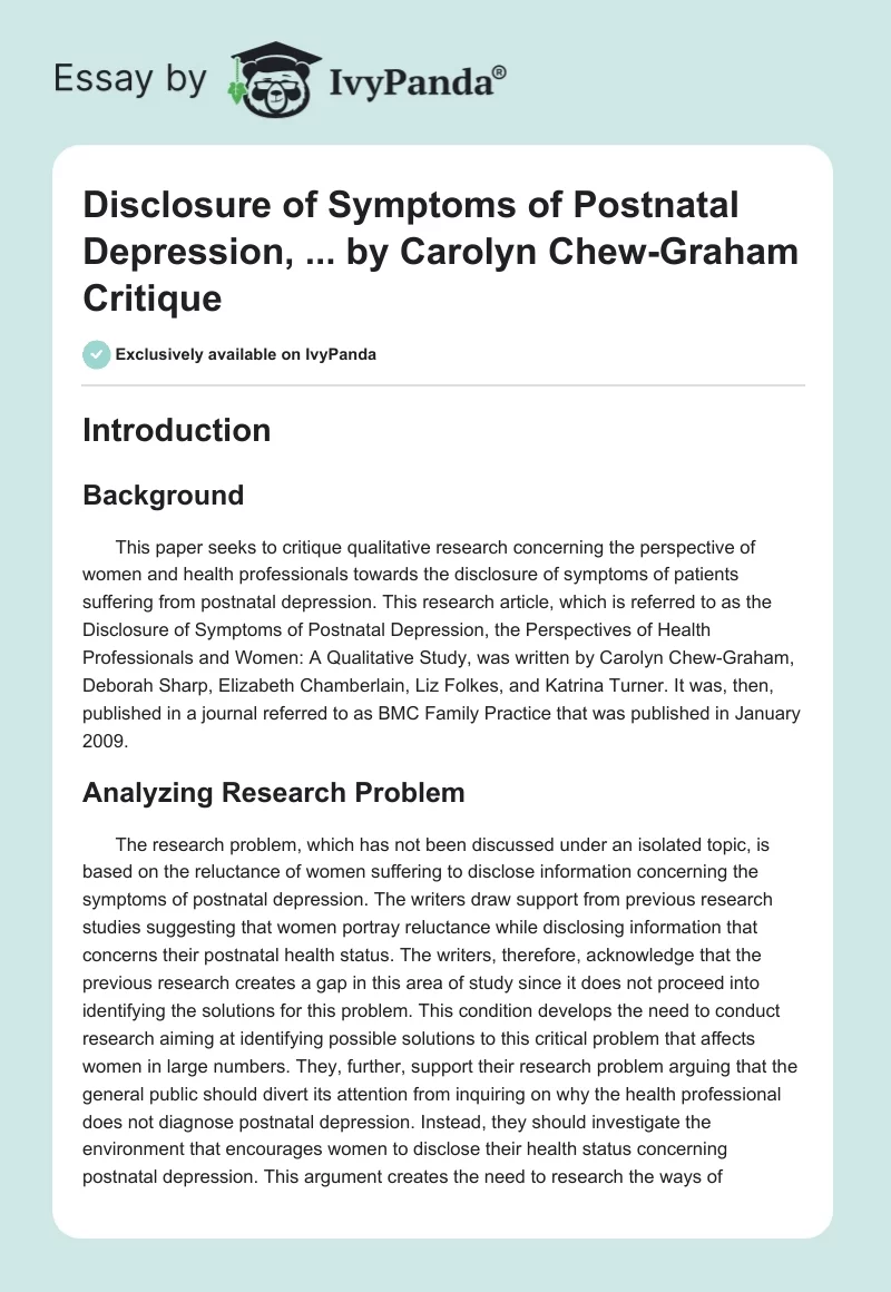 "Disclosure of Symptoms of Postnatal Depression, ..." by Carolyn Chew-Graham Critique. Page 1