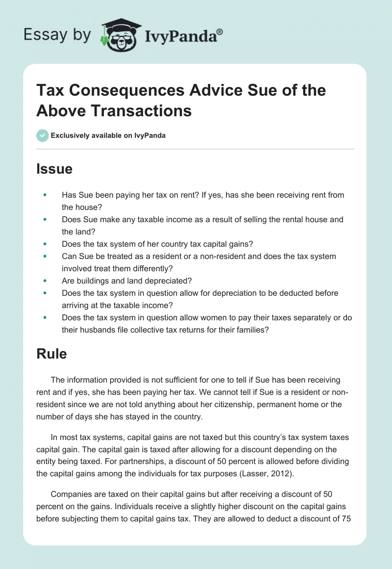 Tax Consequences Advice Sue of the Above Transactions. Page 1