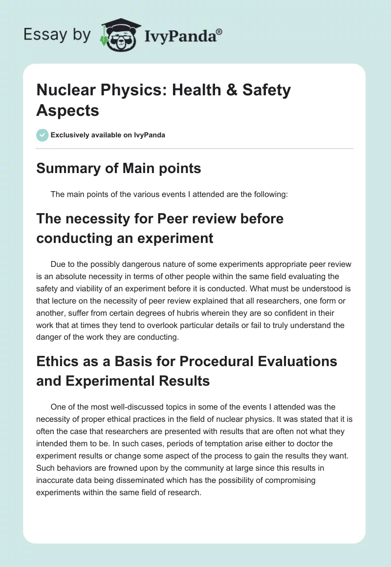Nuclear Physics: Health & Safety Aspects. Page 1