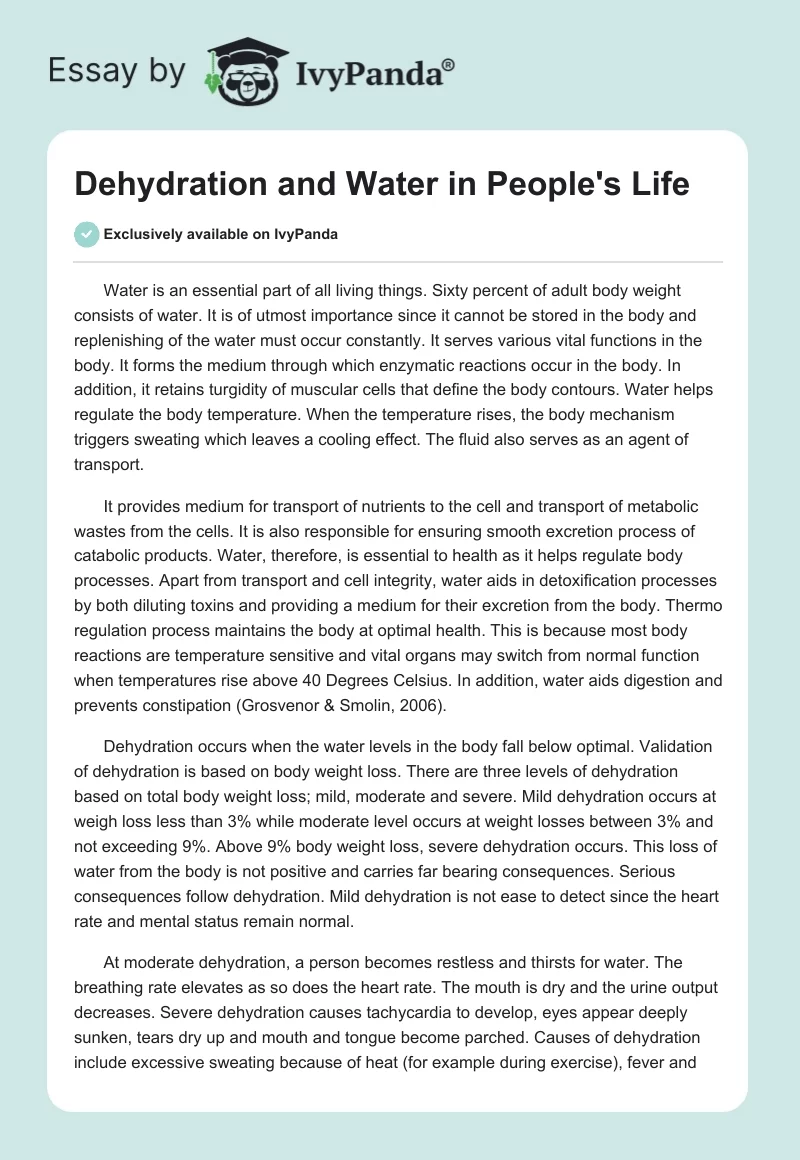 Dehydration and Water in People's Life. Page 1