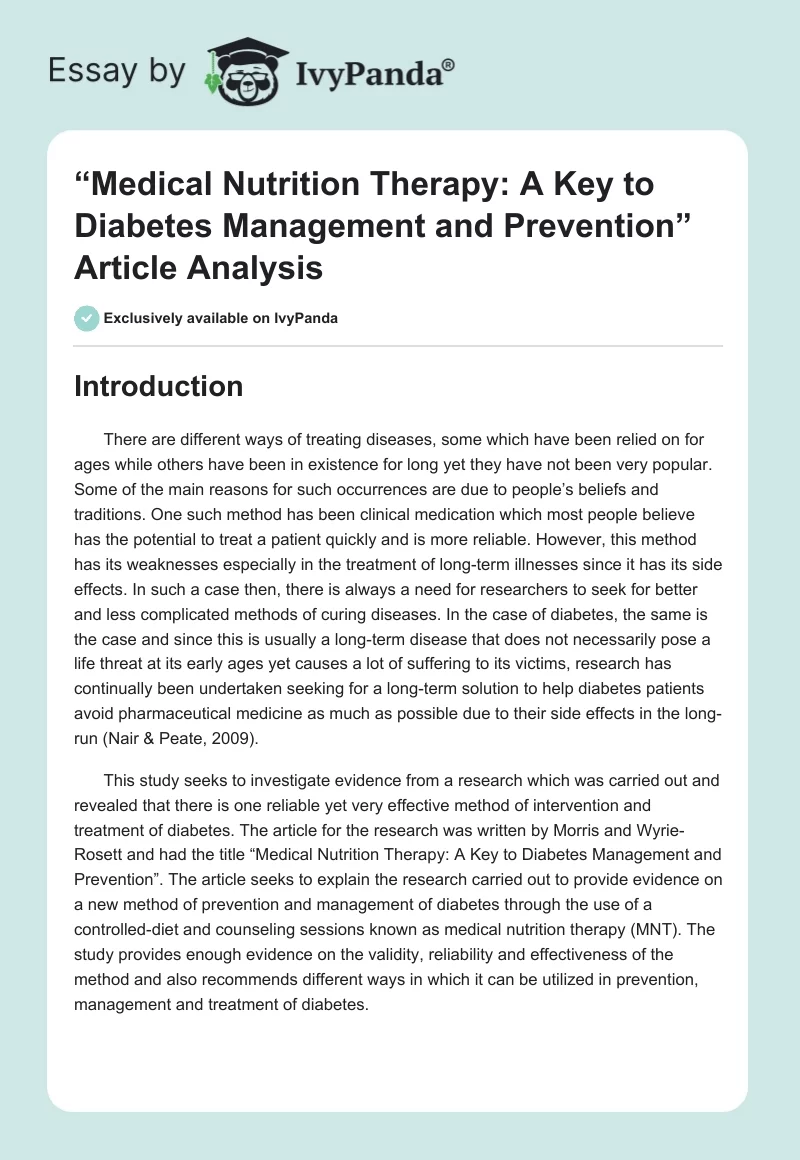 “Medical Nutrition Therapy: A Key to Diabetes Management and Prevention” Article Analysis. Page 1