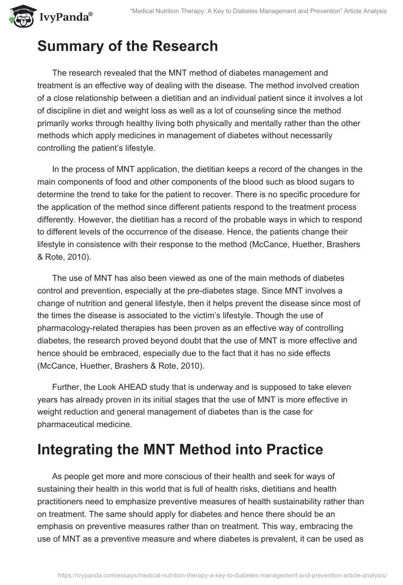 “Medical Nutrition Therapy: A Key to Diabetes Management and Prevention” Article Analysis. Page 2