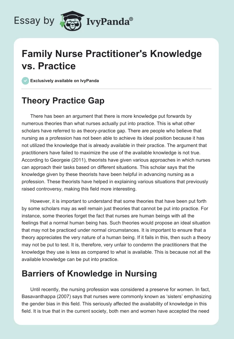 Family Nurse Practitioner's Knowledge vs. Practice. Page 1