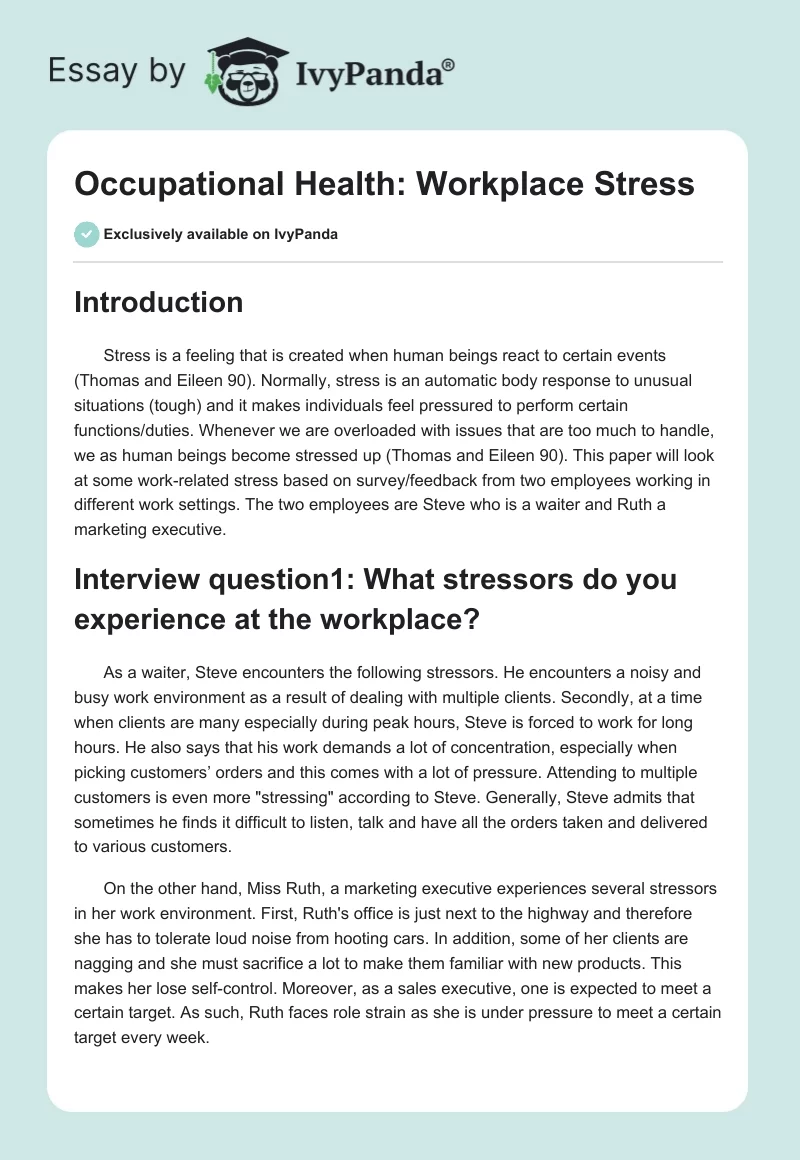 Occupational Health: Workplace Stress. Page 1