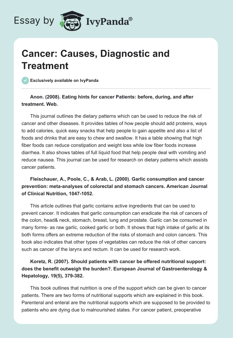 Cancer: Causes, Diagnostic and Treatment. Page 1