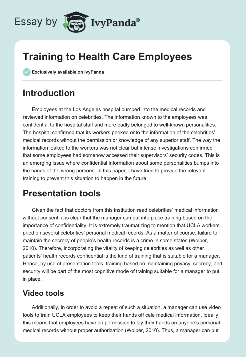 Training to Health Care Employees. Page 1