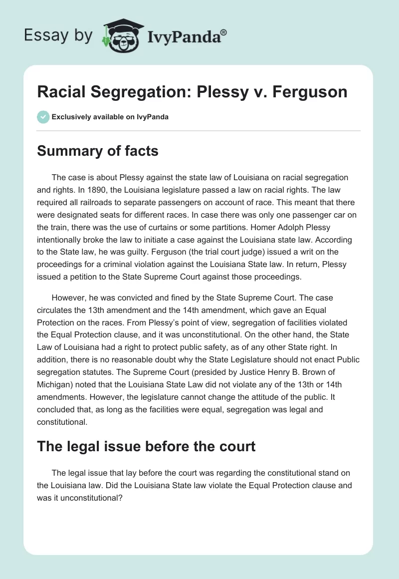 Racial Segregation: Plessy v. Ferguson. Page 1
