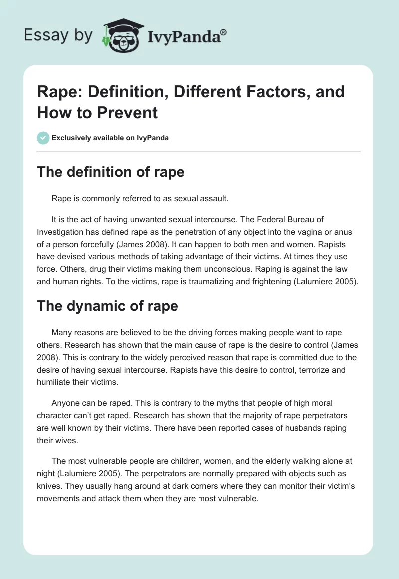 Rape: Definition, Different Factors, and How to Prevent. Page 1