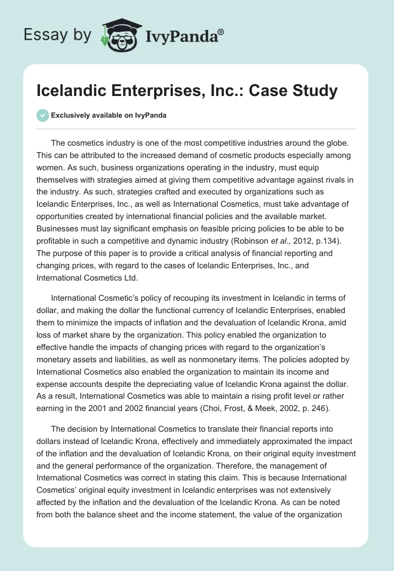 Icelandic Enterprises, Inc.: Case Study. Page 1