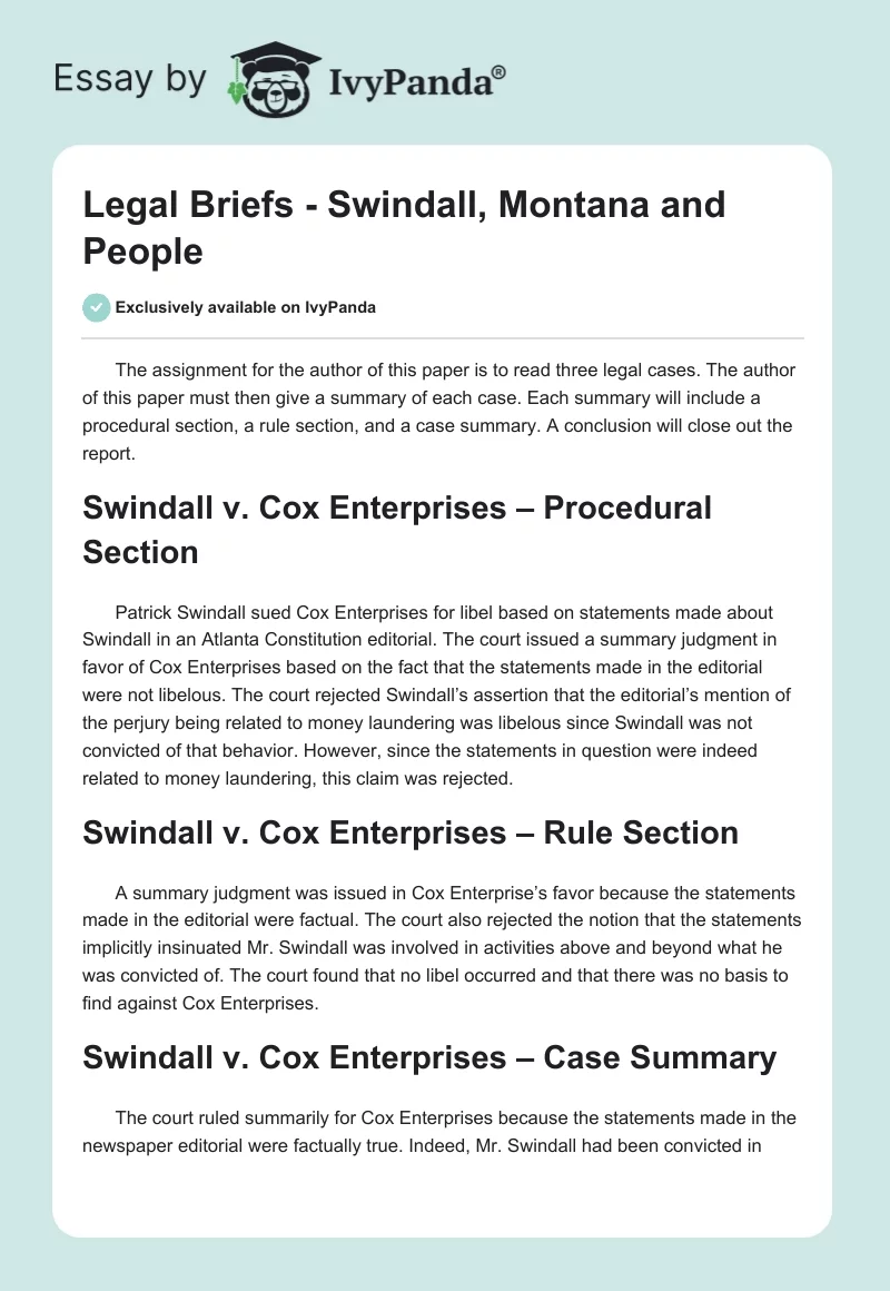 Legal Briefs - Swindall, Montana and People. Page 1