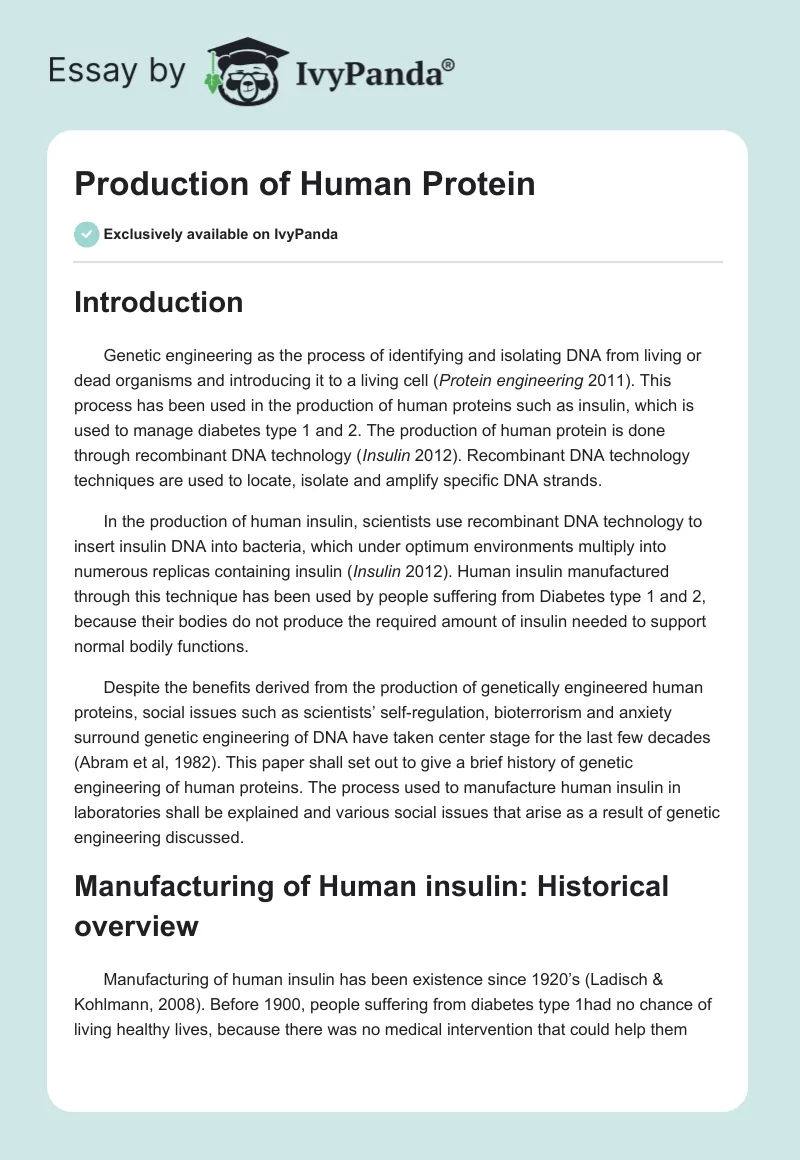 Production of Human Protein. Page 1