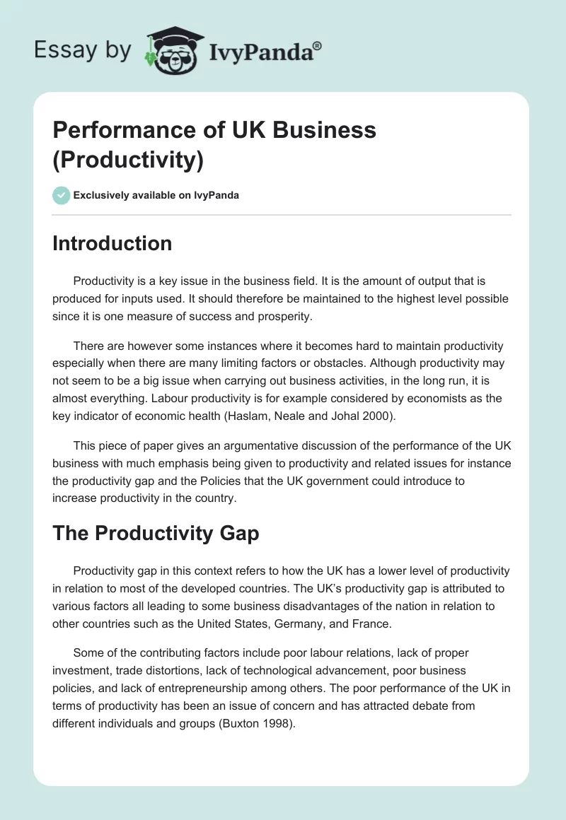 Performance of UK Business (Productivity). Page 1