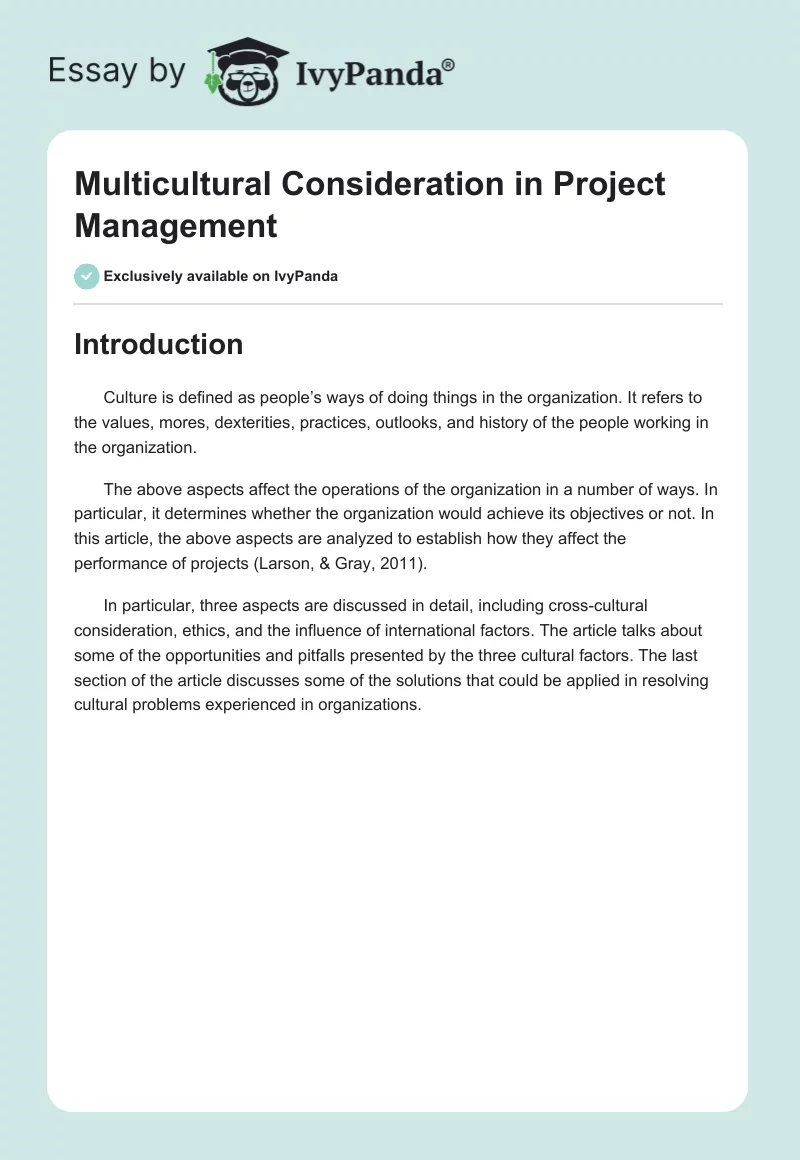 Multicultural Consideration in Project Management. Page 1