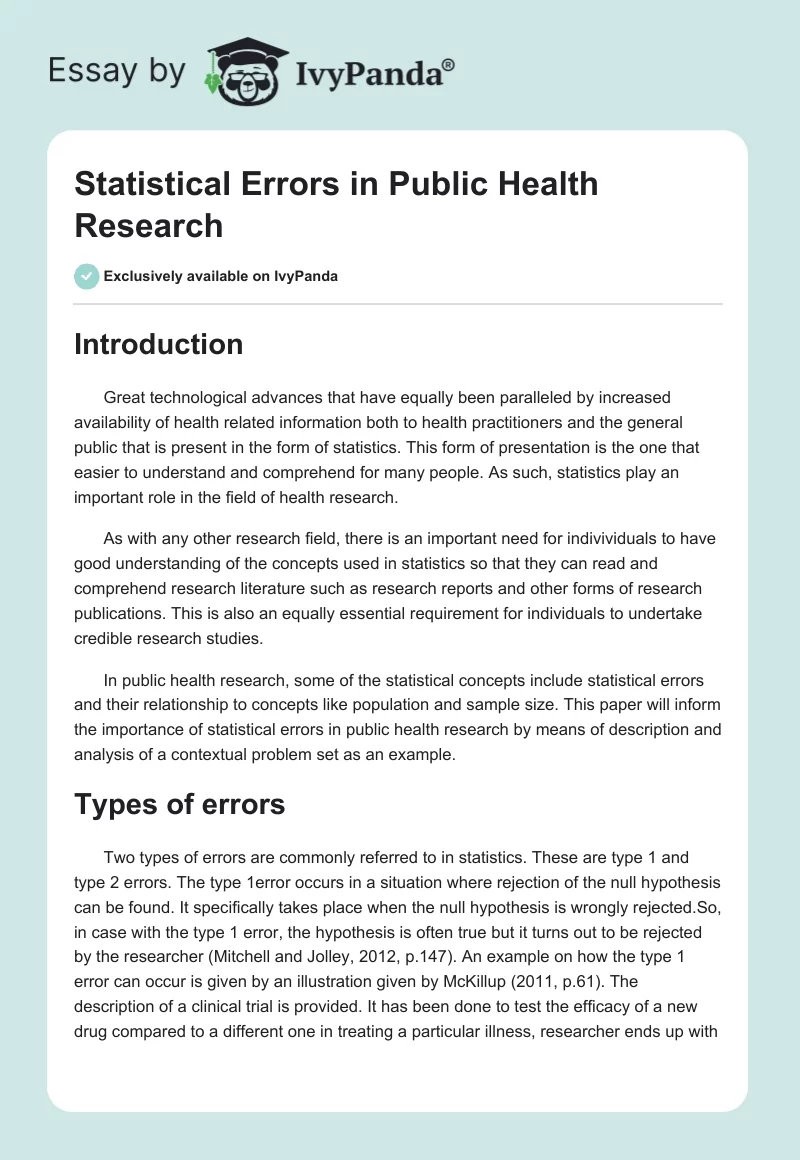 Statistical Errors in Public Health Research. Page 1