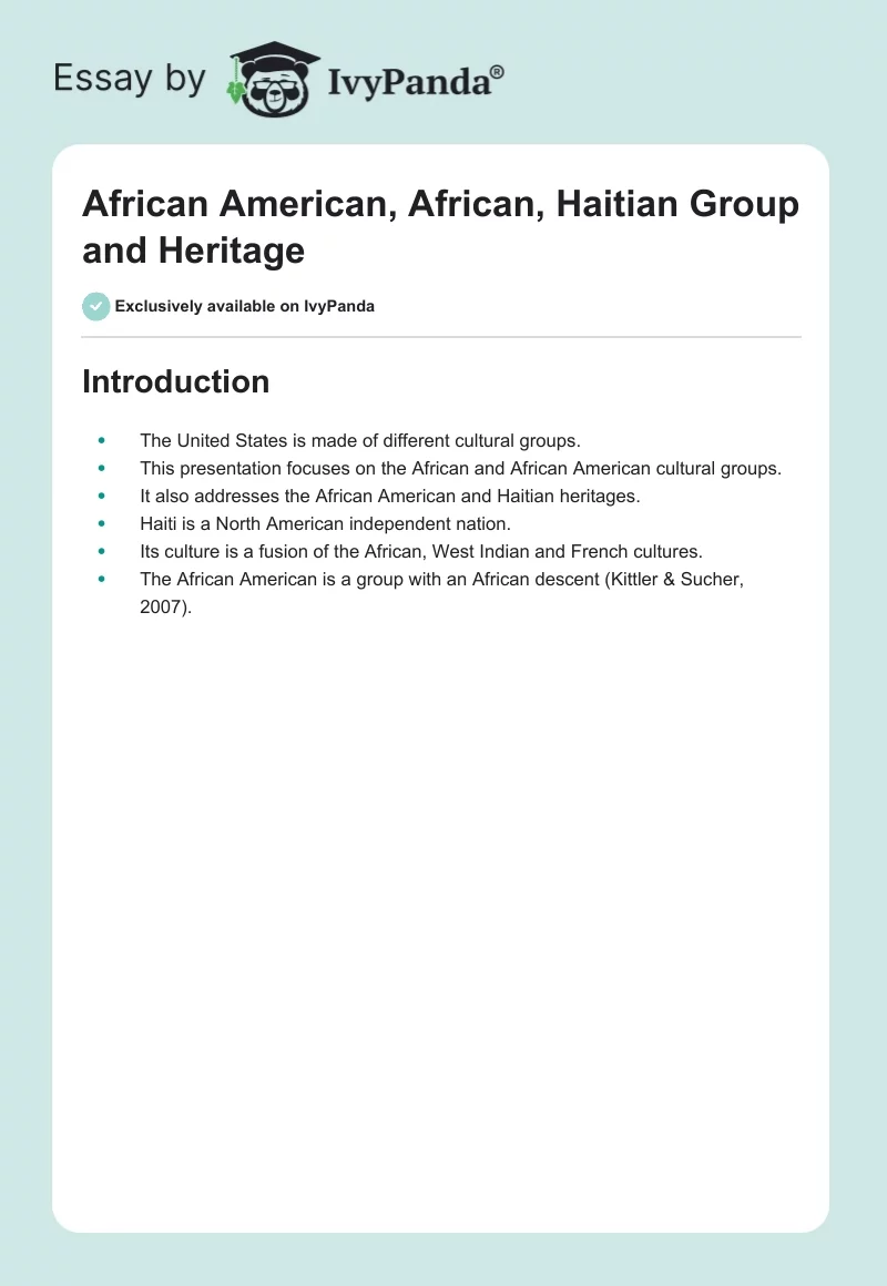 African American, African, Haitian Group and Heritage. Page 1
