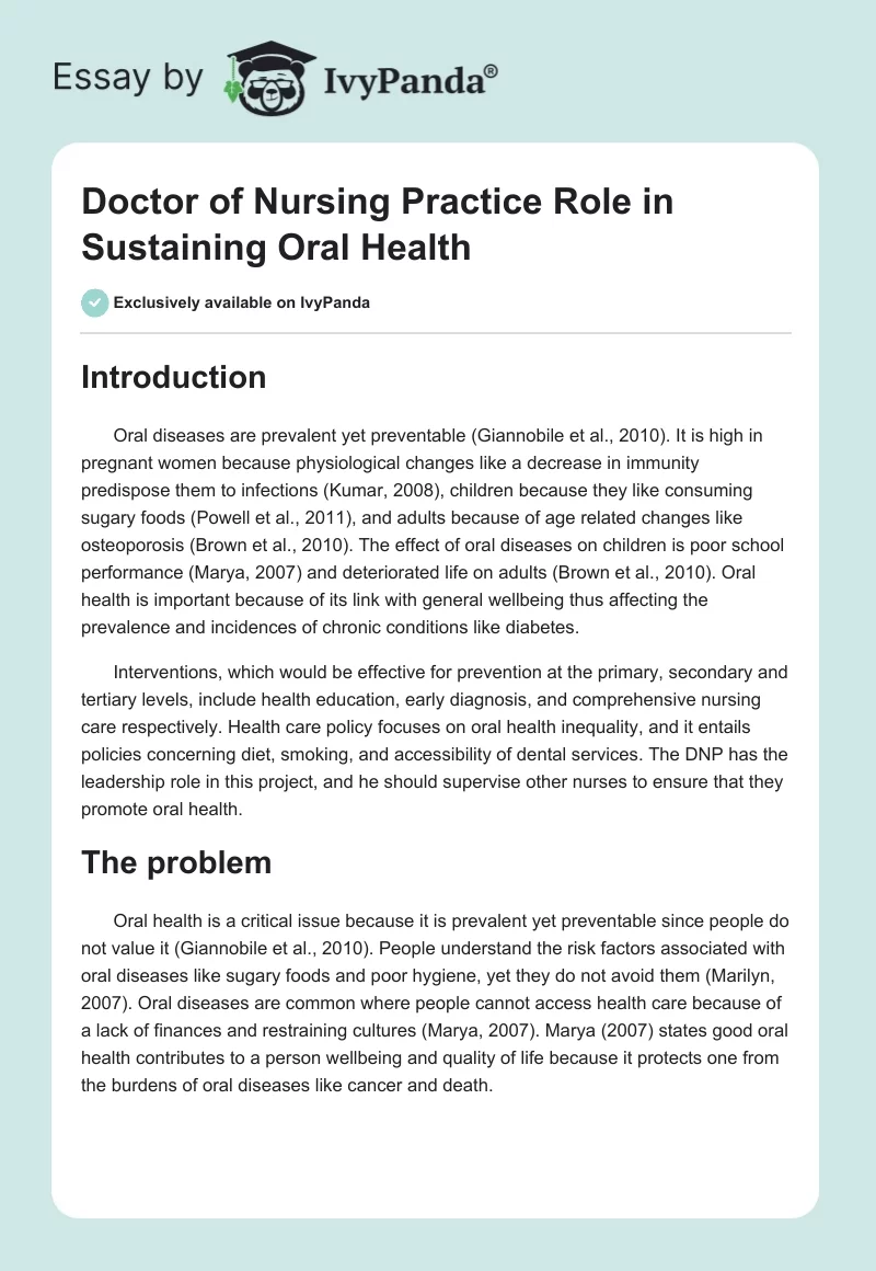 Doctor of Nursing Practice Role in Sustaining Oral Health. Page 1