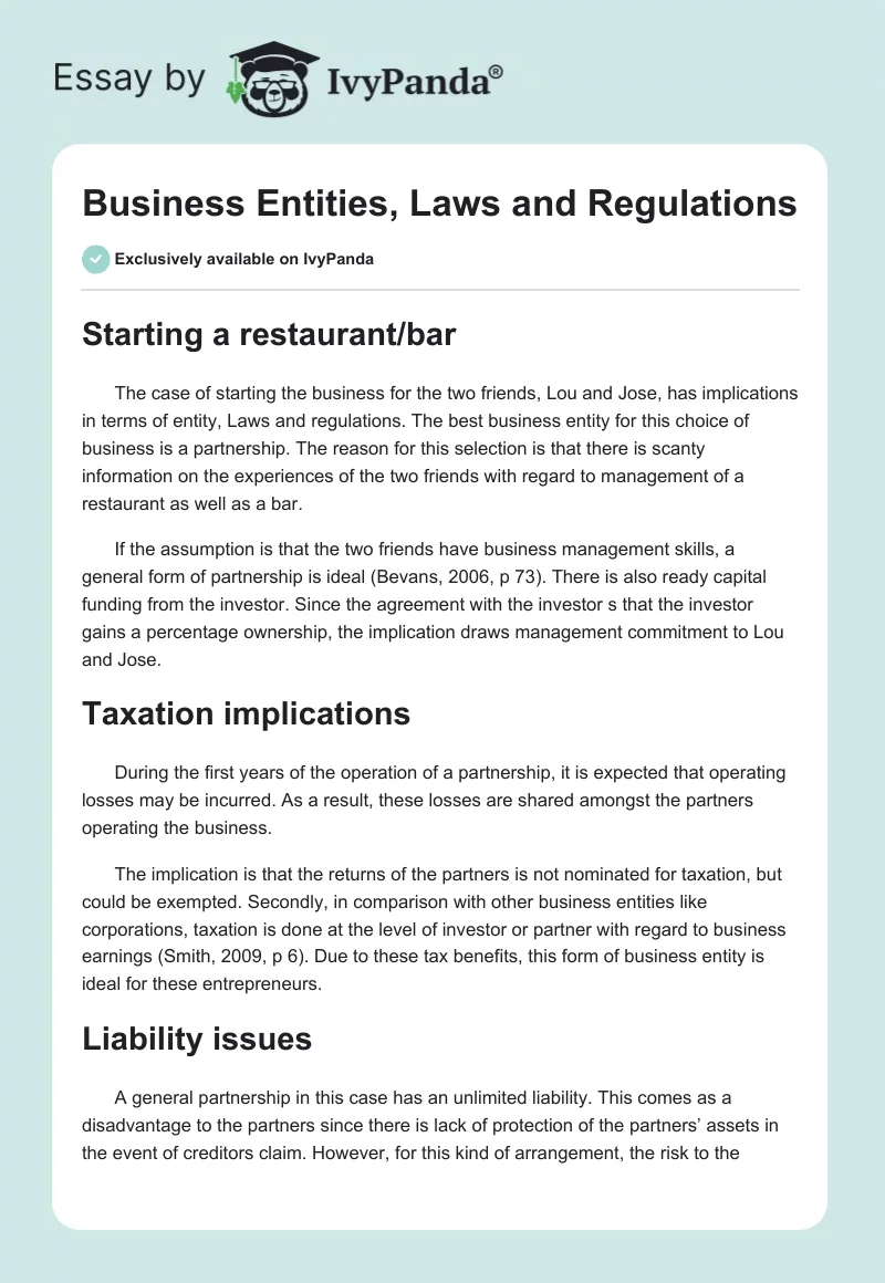 Business Entities, Laws and Regulations. Page 1
