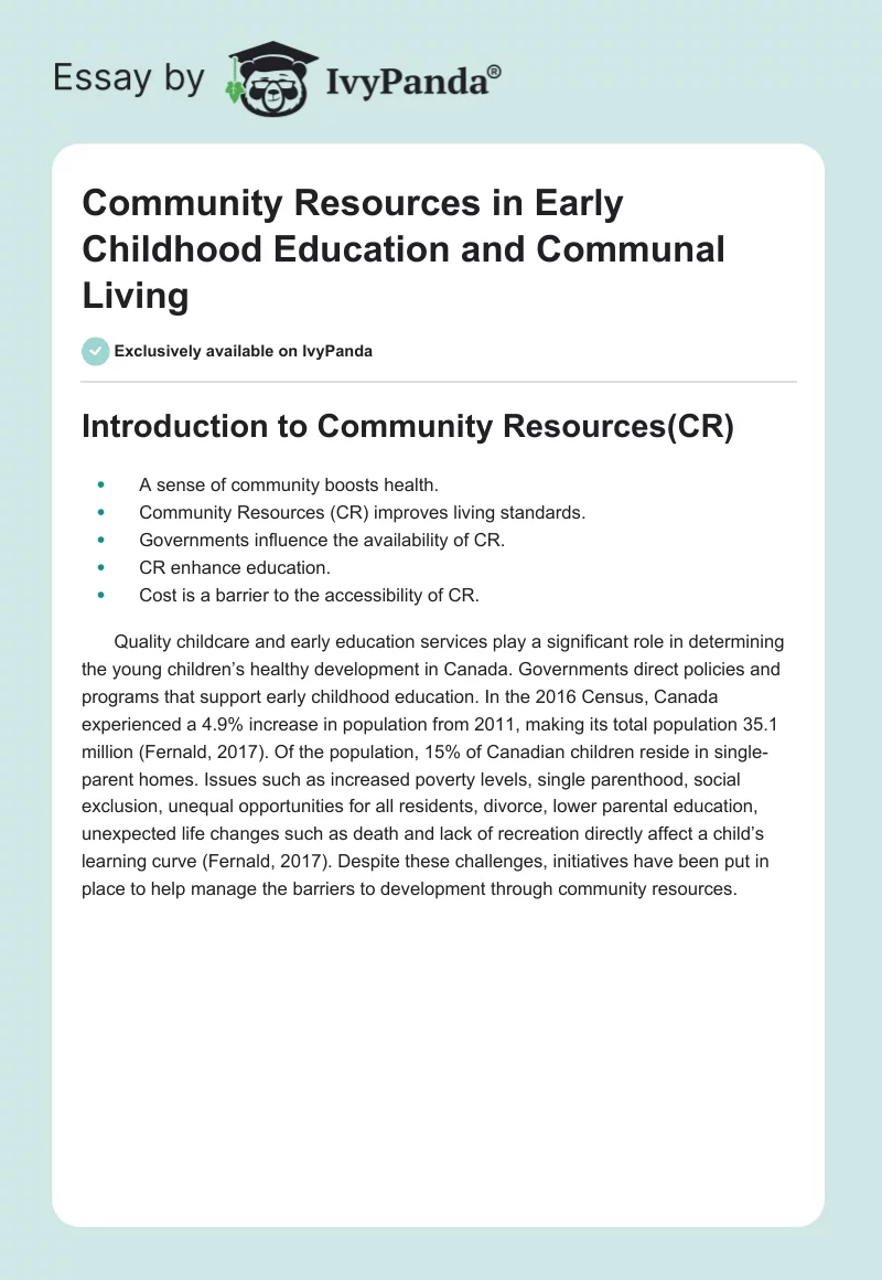 Community Resources in Early Childhood Education and Communal Living. Page 1