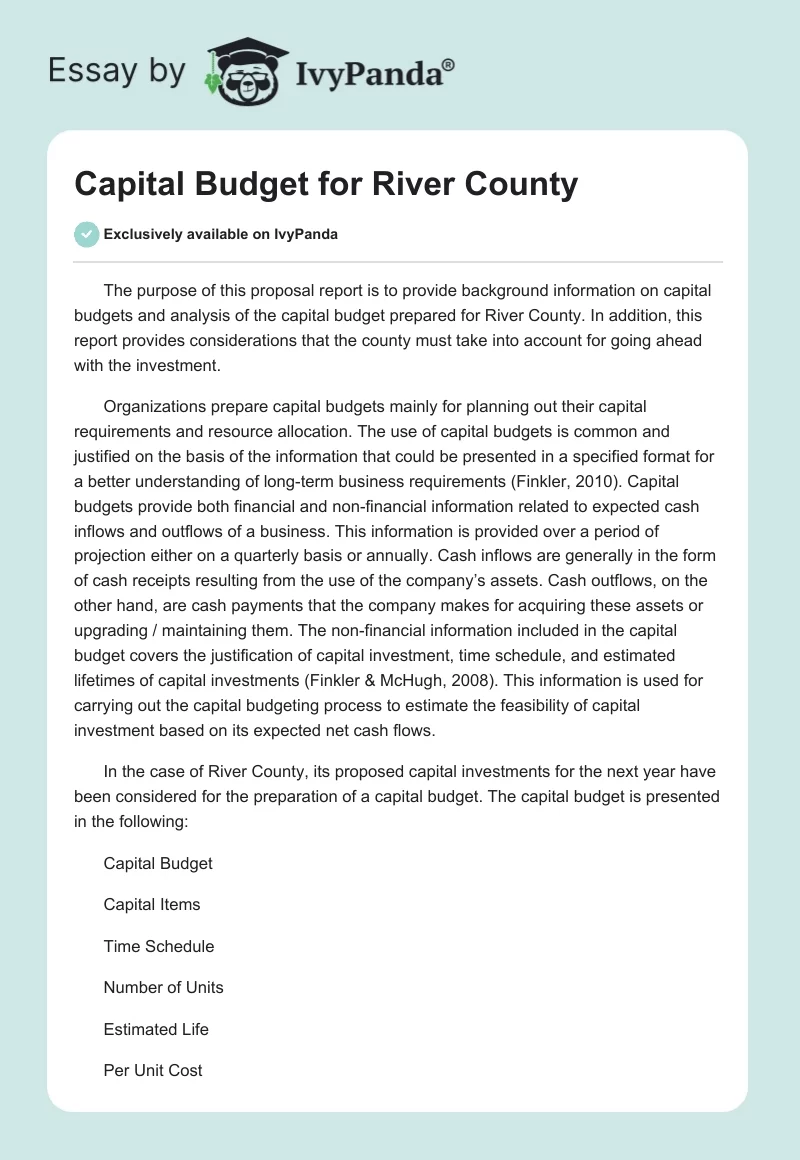 Capital Budget for River County. Page 1