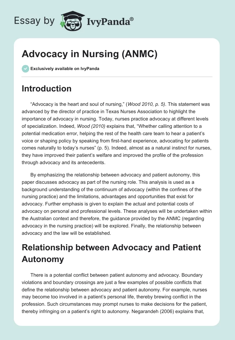 Advocacy in Nursing (ANMC). Page 1