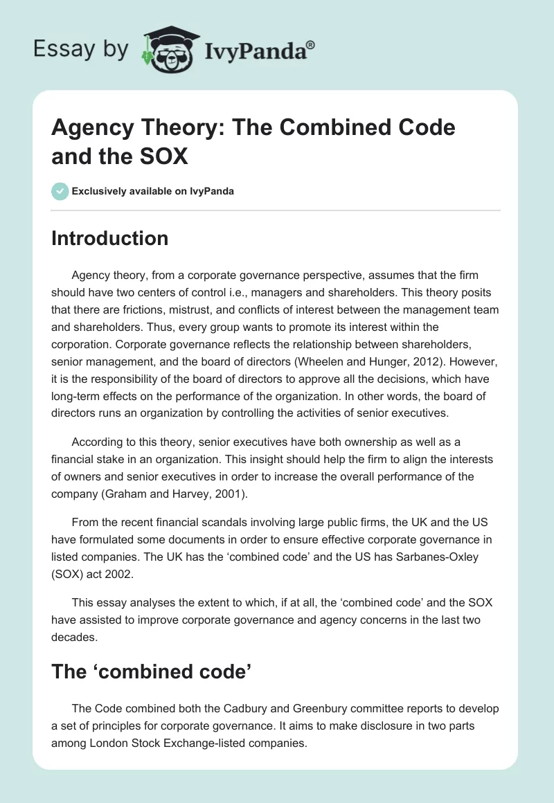 Agency Theory: The "Combined Code" and the SOX. Page 1