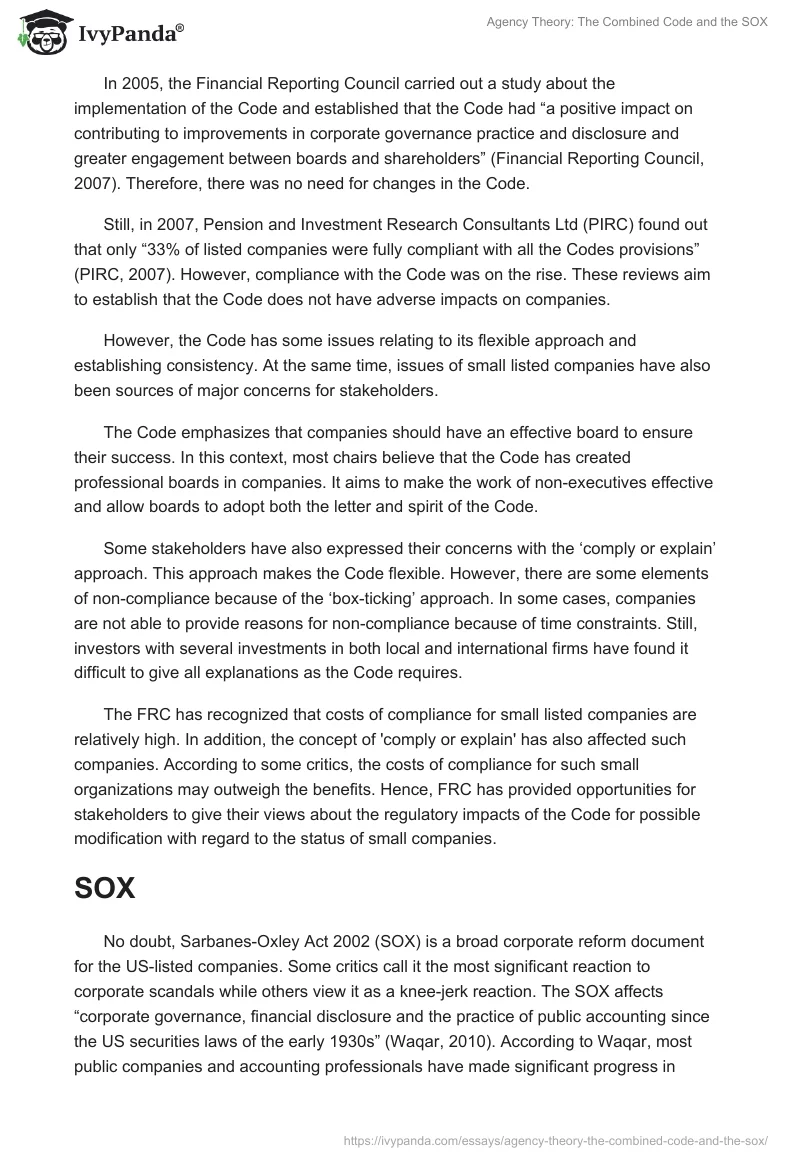Agency Theory: The "Combined Code" and the SOX. Page 2