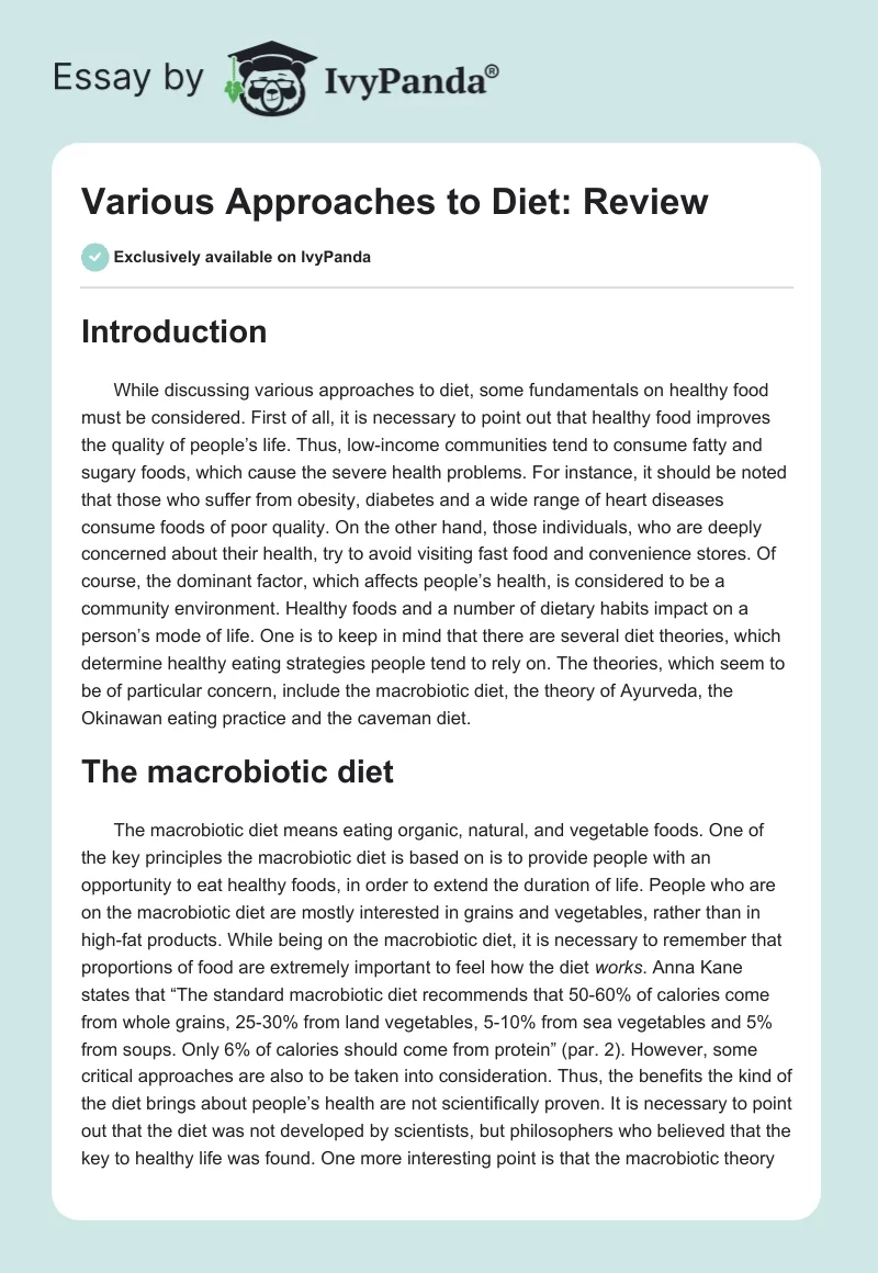 Various Approaches to Diet: Review. Page 1