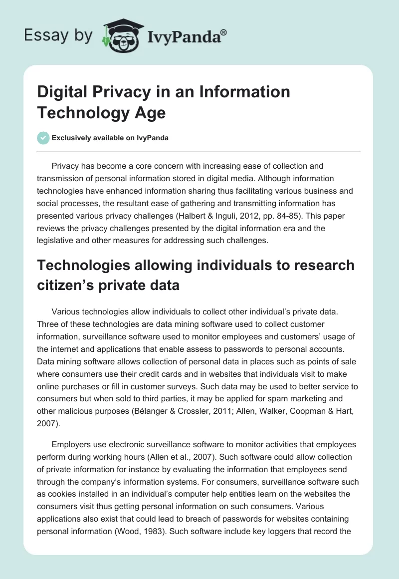 Digital Privacy in an Information Technology Age. Page 1
