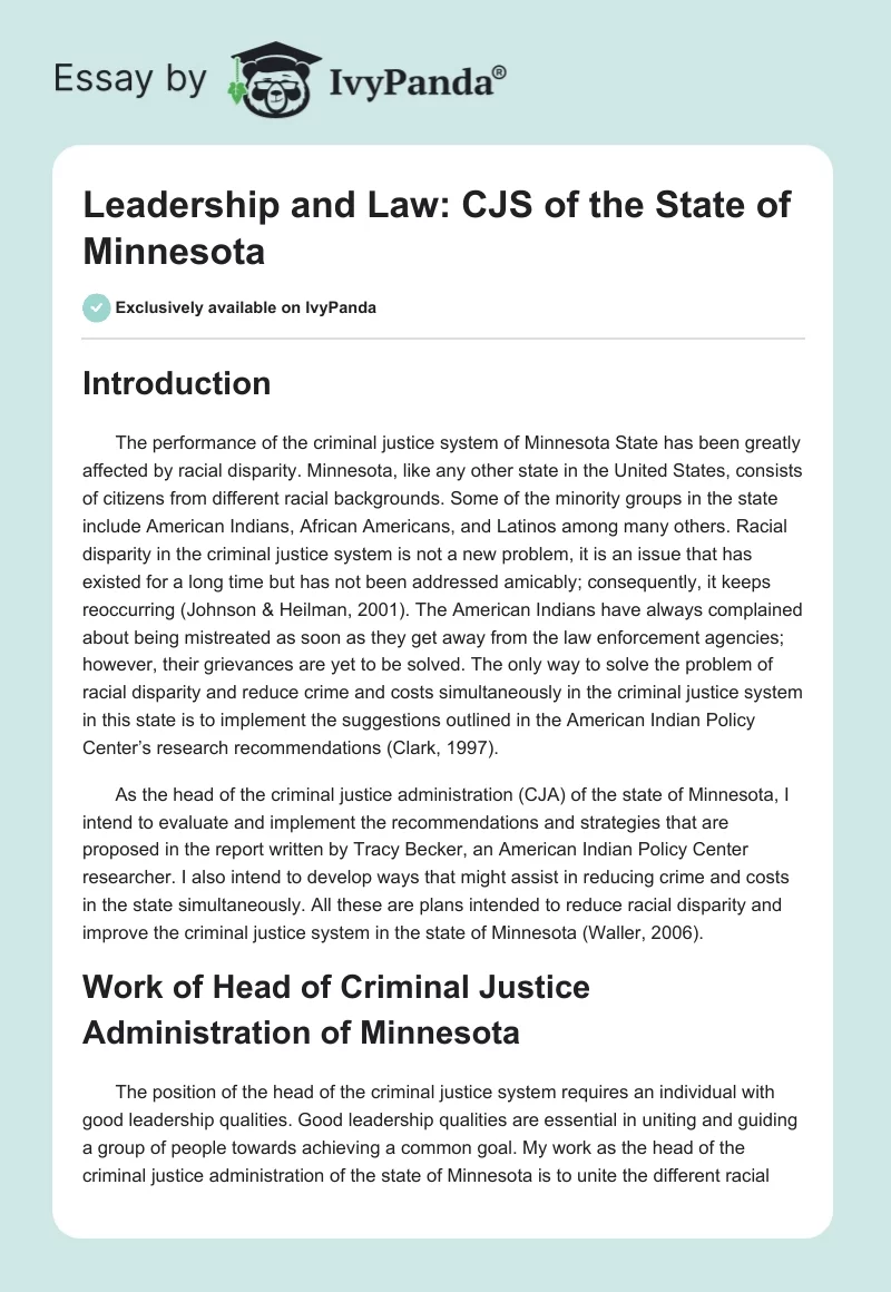 Leadership and Law: CJS of the State of Minnesota. Page 1
