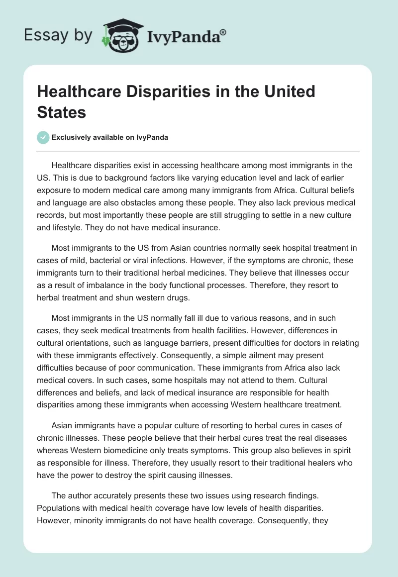 Healthcare Disparities in the United States. Page 1