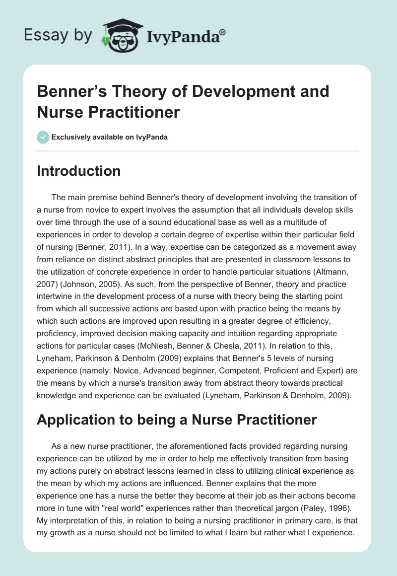 Benner’s Theory of Development and Nurse Practitioner. Page 1